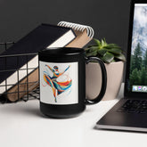 Black glossy mug featuring a radiant female dancer in an elegant pose.