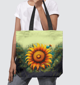 Radiant Gaze of Nature Basketweave Tote Bag on a wooden background