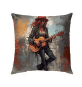 Rock Ballads themed outdoor pillow on a garden bench