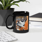 Art-themed black glossy coffee mug with sketch designs.