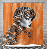 Artistic sketch-style shower curtain hanging in a modern bathroom setting.