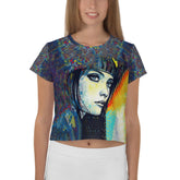 Sketching Serenity II crop tee with artistic all-over print design.