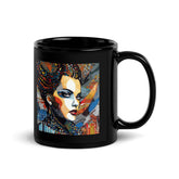 Black glossy mug with sketchy strokes design.