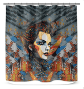 Close-up of the Sketchy Strokes pattern on a shower curtain.