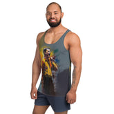 Close-up of the Sound Sanctuary Men's Tank Top highlighting the fabric and logo.