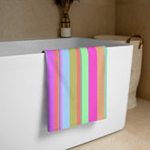 Velvet Touch Stripe Bath Towel in elegant color gradient, showcasing plush texture and durable edges.