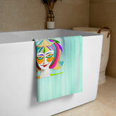 Close-up of the plush texture of the Dragonfly Meadow Premium Bath Towel.