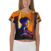 SurArt 79 all-over print crop tee on model.