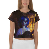 SurArt 82 vibrant all-over print crop tee on model.