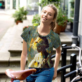 SurArt 84 all-over print crop tee on model.