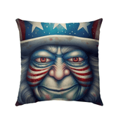 The American Experiment Outdoor Pillow on garden bench, showcasing vibrant colors and design.