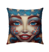 American Legacy outdoor pillow on a garden bench, showcasing its durable and stylish design.