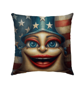 The American Story Outdoor Pillow displayed on garden bench, showcasing its vibrant design.