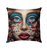 The Great American Outdoors outdoor pillow on a patio chair, showcasing its stylish design and durability