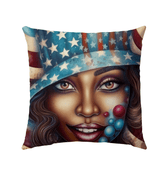The Spirit Of '76 Outdoor Pillow featuring American flag design on patio setting