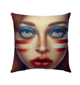 United We Stand Outdoor Pillow displayed on garden bench, showcasing patriotic design