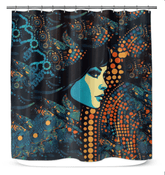 Colorful abstract patterned shower curtain enhancing bathroom aesthetics.