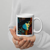 Visual Vibrancy White Glossy Coffee Mug on wooden table.