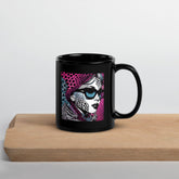 Visual Visions III black glossy mug with artistic design on shelf.