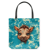 Whimsical patterned basketweave tote bag with spotted design detail.