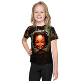 Child smiling in whimsical crew neck T-shirt with colorful design.