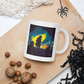 Close-up of NS-850 white glossy mug on a wooden table.