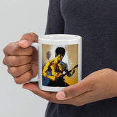 NS-825 white glossy mug on a wooden table with morning light