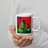 NS-841 white glossy coffee mug on wooden table.