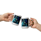 NS-819 white glossy mug on a wooden table with morning sunlight.