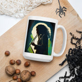 Close-up of NS-813 white glossy mug on a wooden table.