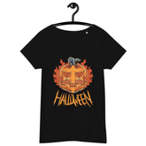 Eco-chic woman wearing a Halloween witch hat organic tee, embodying spellbinding style.