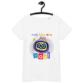 Woman wearing the Stylishly Spooky Organic Halloween Tee, showcasing its unique design and sustainable fabric.