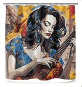 Just-A-Guitarist twin-size shower curtain in a bathroom setting, showcasing musical design