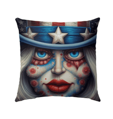 Patriotic outdoor pillow featuring American flag design for garden or patio decor.