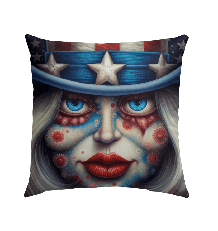 A Celebration Of America themed pillow, ideal for adding a patriotic touch to outdoor seating areas.