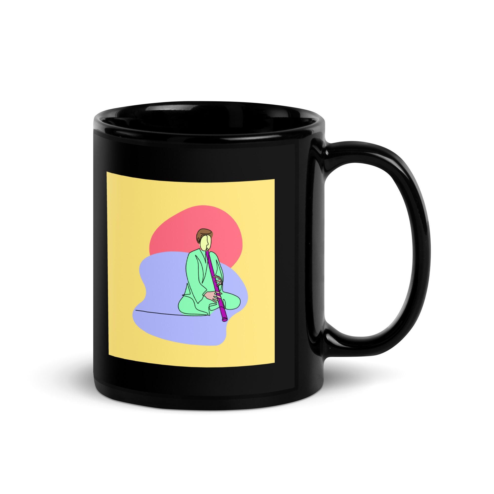 A Man Playing A Pipe Black Glossy Mug - Beyond T-shirts