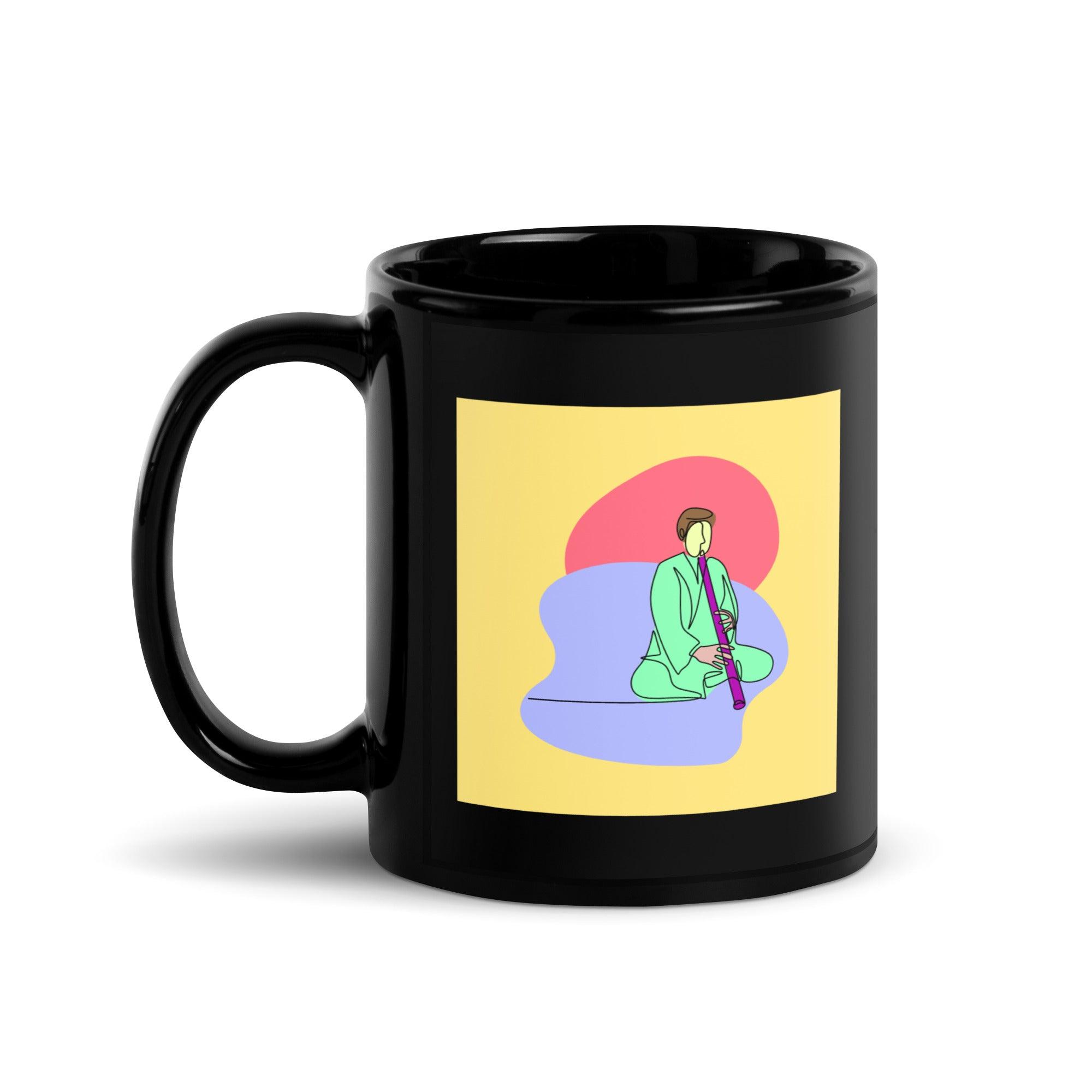 A Man Playing A Pipe Black Glossy Mug - Beyond T-shirts