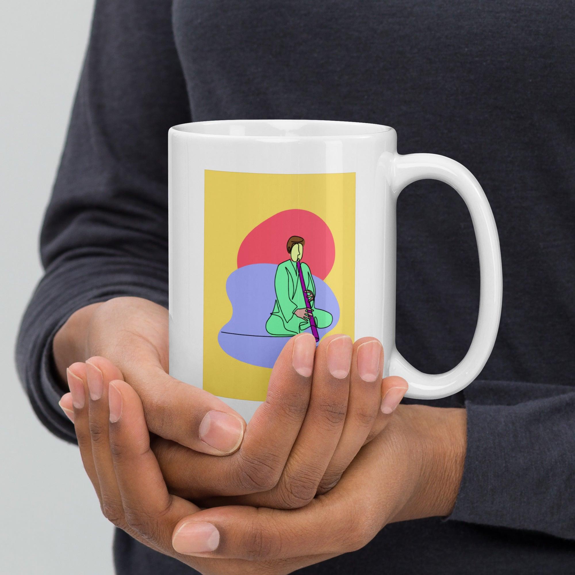 A Man Playing A Pipe White Glossy Mug - Beyond T-shirts