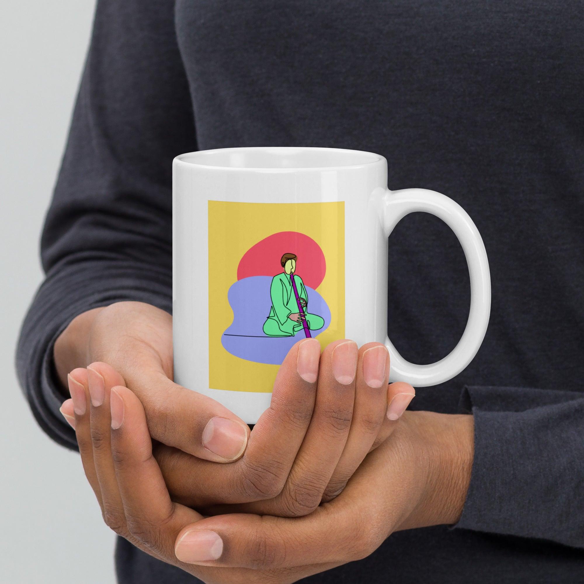 A Man Playing A Pipe White Glossy Mug - Beyond T-shirts