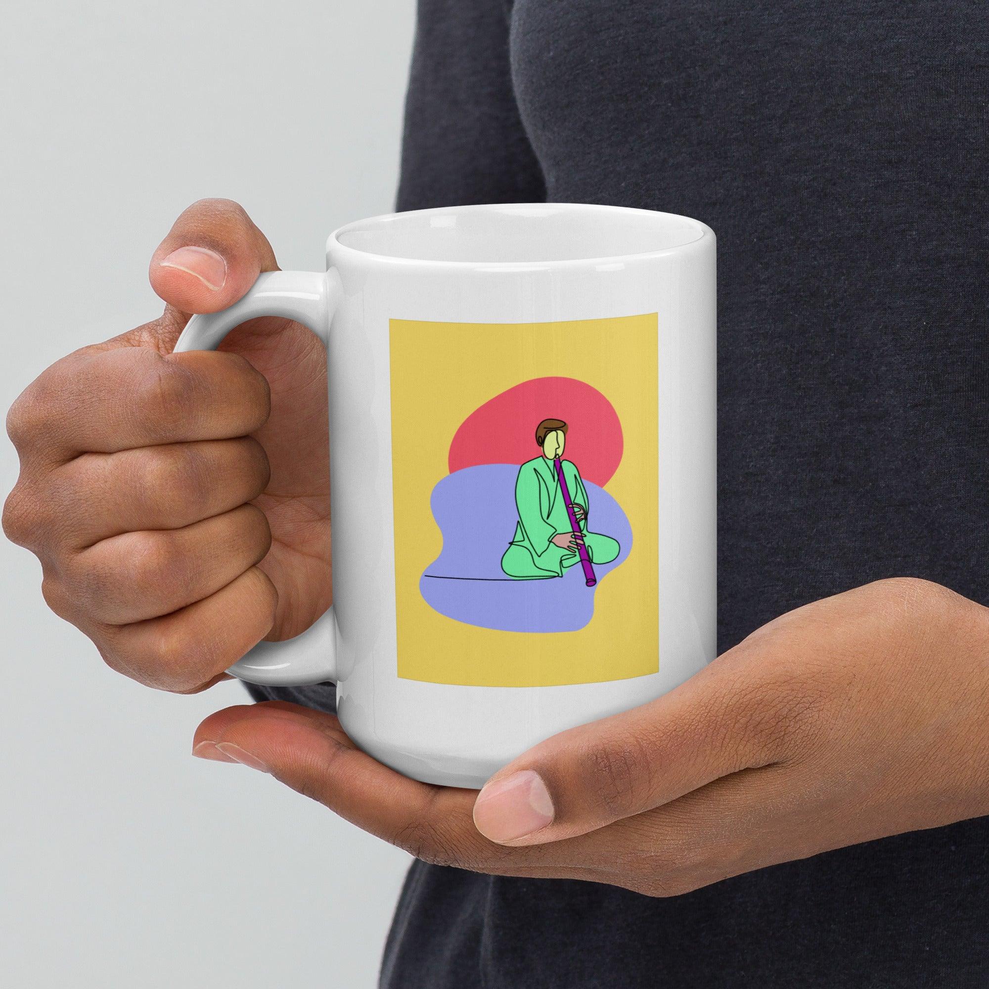 A Man Playing A Pipe White Glossy Mug - Beyond T-shirts