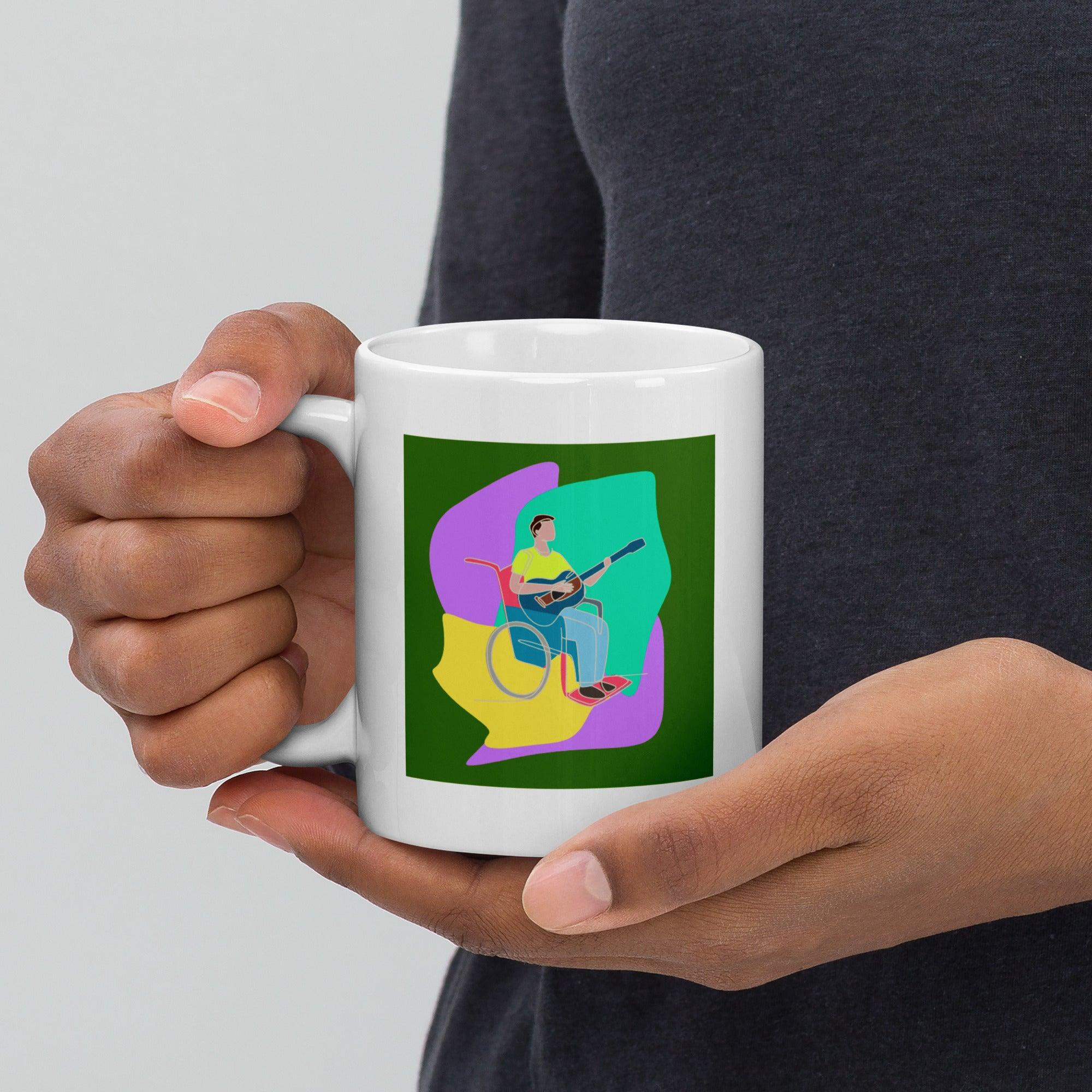 A Man Playing Guitar White Glossy Mug - Beyond T-shirts