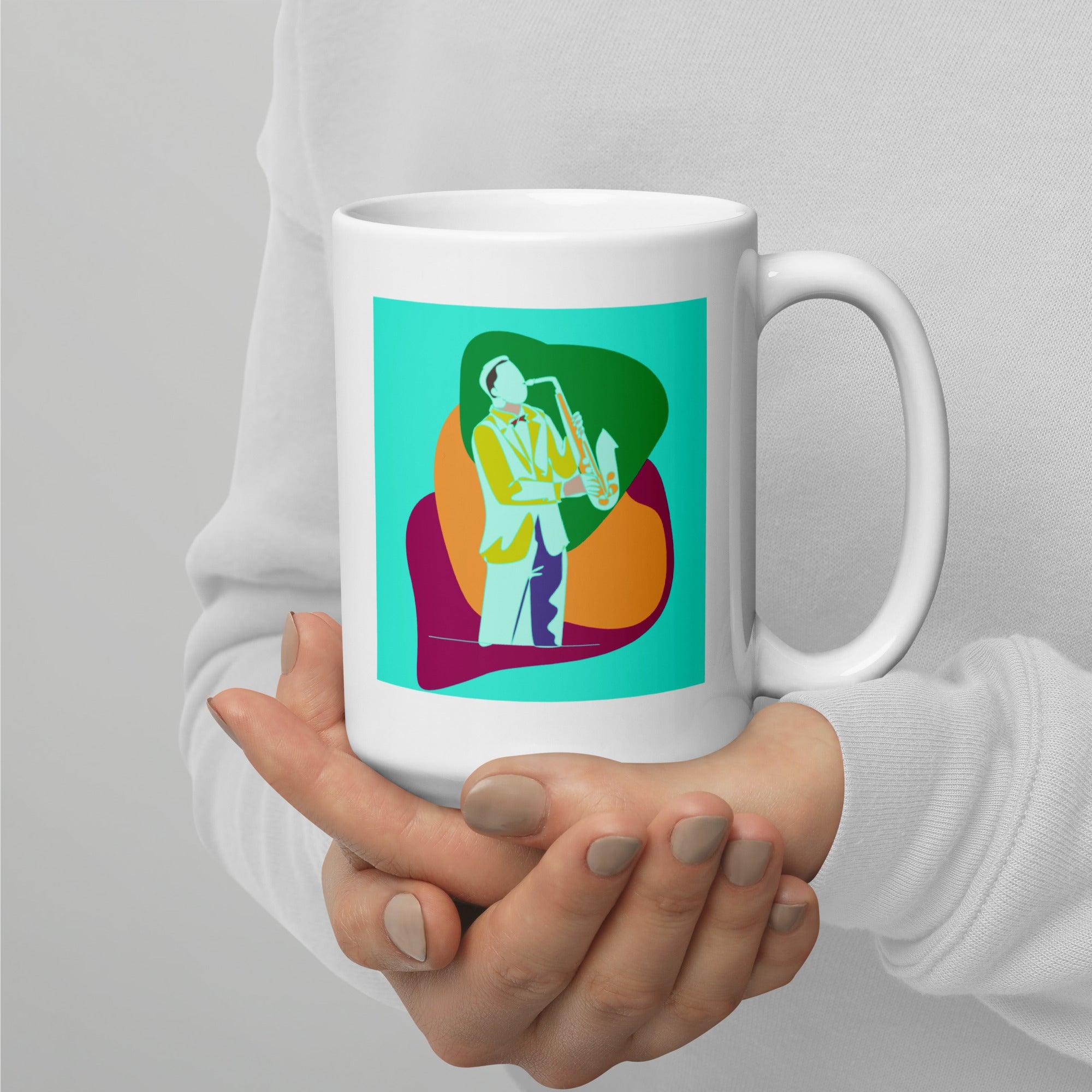 A Man Plays The Trumpet White Glossy Mug - Beyond T-shirts