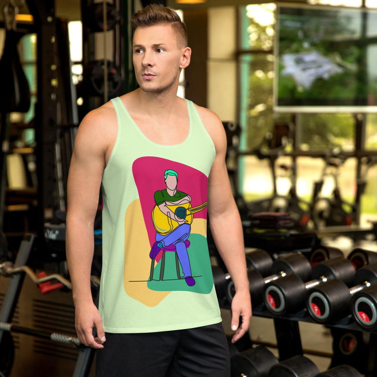 Man playing guitar on unisex tank top