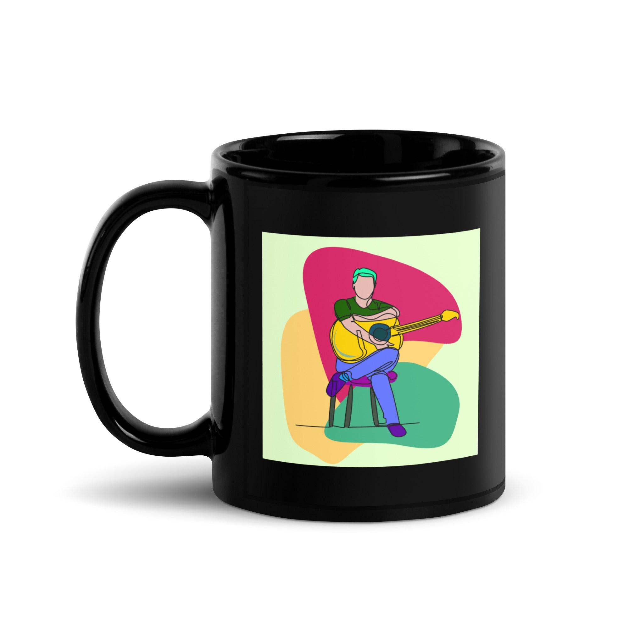 A Man With A Guitar At Half Speed Black Glossy Mug - Beyond T-shirts