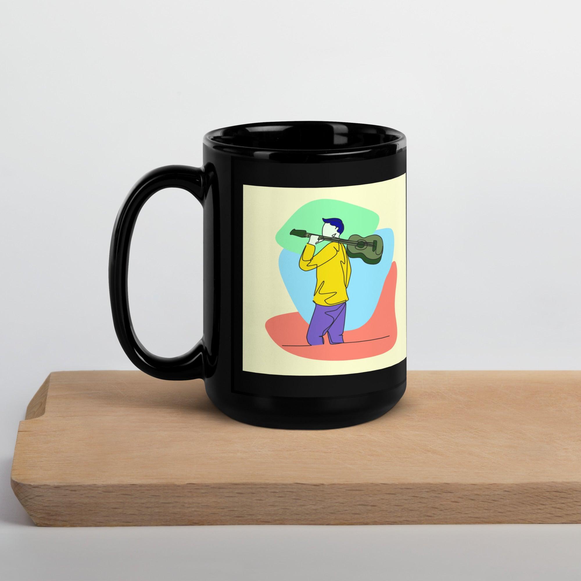 A Man With A Guitar At Half Speed Black Glossy Mug - Beyond T-shirts