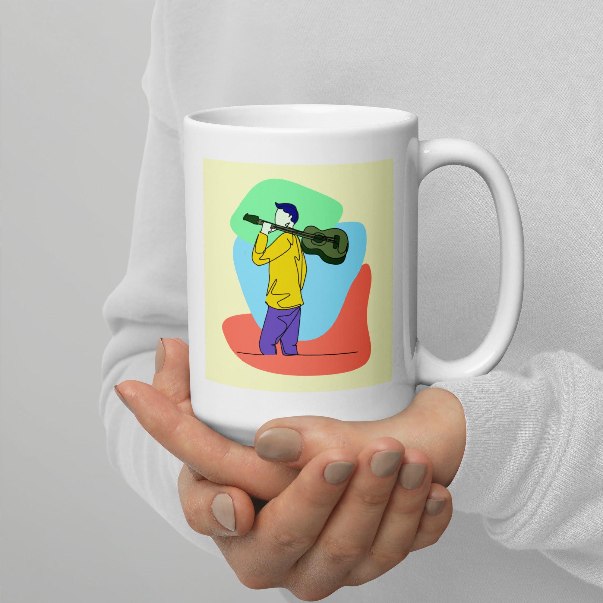 A Man With A Guitar At Half Speed White Glossy Mug - Beyond T-shirts