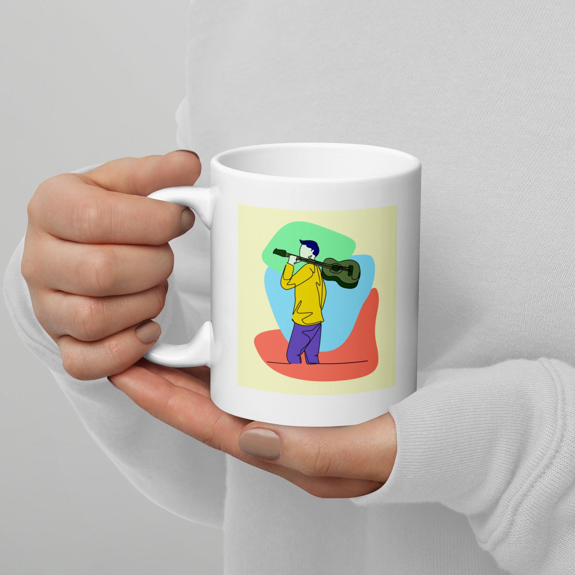 A Man With A Guitar At Half Speed White Glossy Mug - Beyond T-shirts