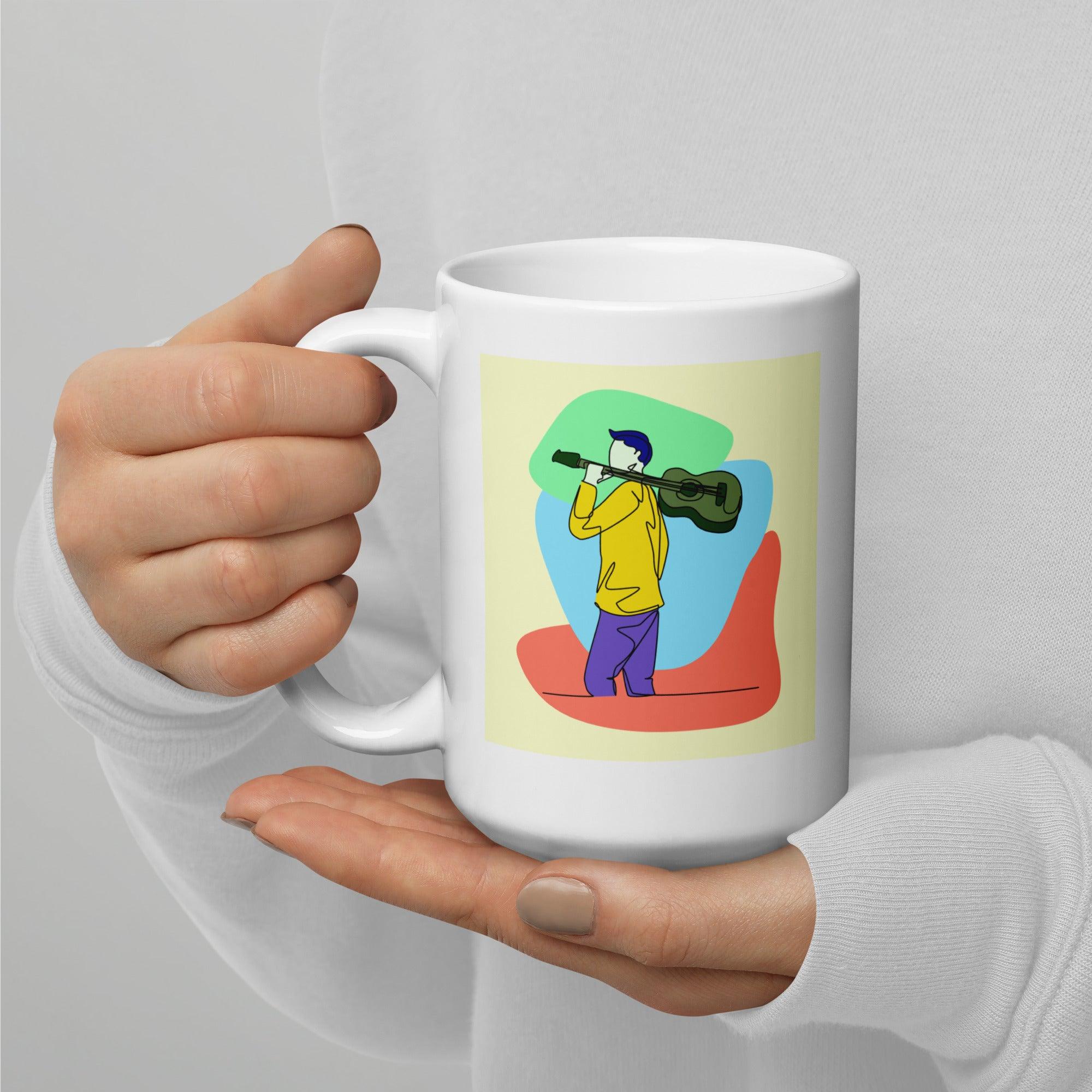 A Man With A Guitar At Half Speed White Glossy Mug - Beyond T-shirts