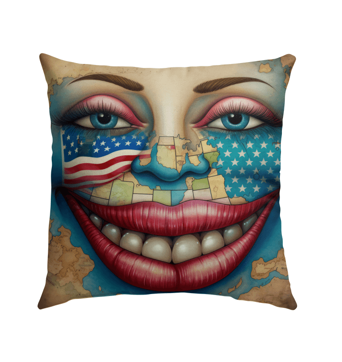 Weather-resistant outdoor pillow featuring 'A Nation Of Diversity' design on patio.