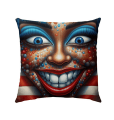 A New American Revolution themed outdoor pillow on a patio chair.